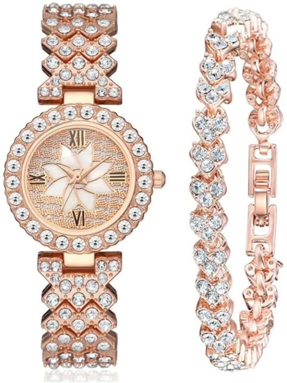 Women's Rose Gold Analog Set Quartz Steel Band Diamonds Bracelets Luxury Watch